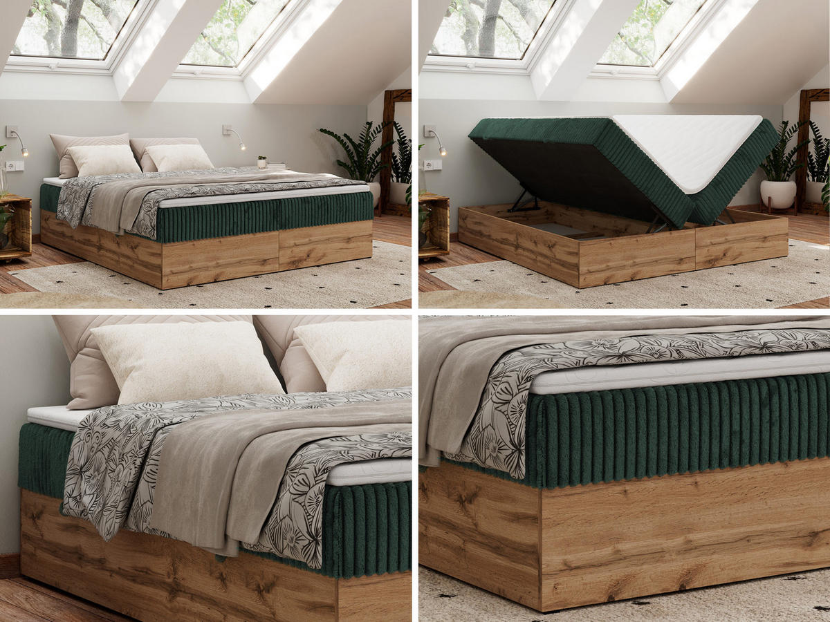 BOXBETT WOOD ZERO 180/200 - Dunkelgrün Cord - H3 - Topper Visco - Dunkelgrün, Textil (180/200cm) - MKS