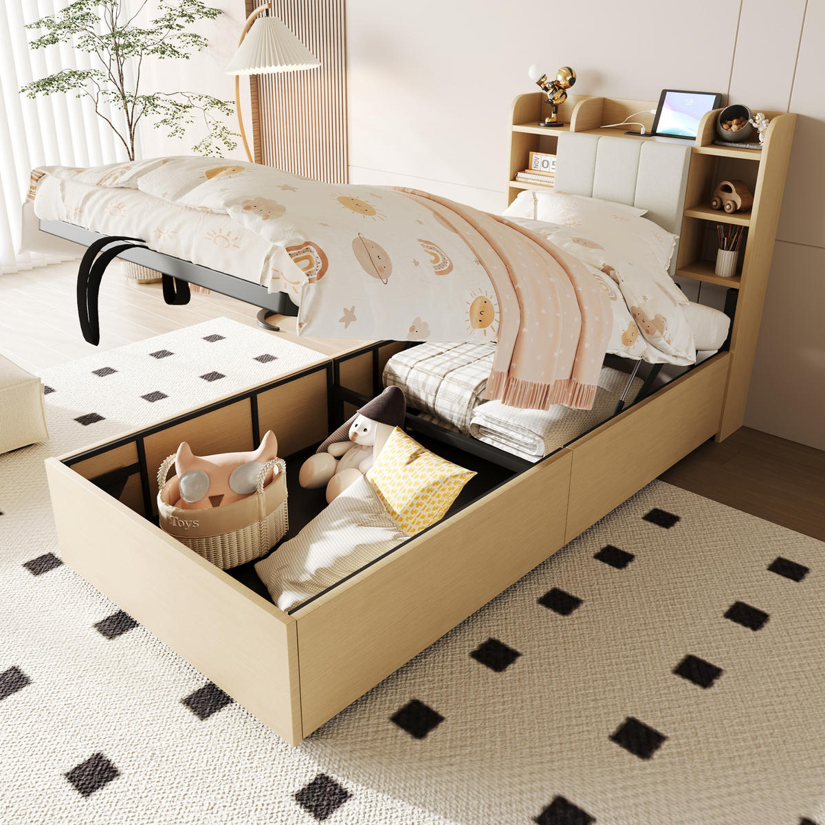 HOLZBETT 90/200 cm mit hydraulischem Bettkasten und USB-Anschluss, Naturholz - Naturfarben, Holzwerkstoff (90/200cm) - OKWISH