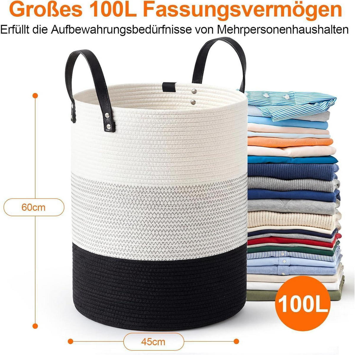 WÄSCHEKORB 100L Baumwollschnur Schwarz-Weiß - Multicolor, Textil (45/60/45cm)