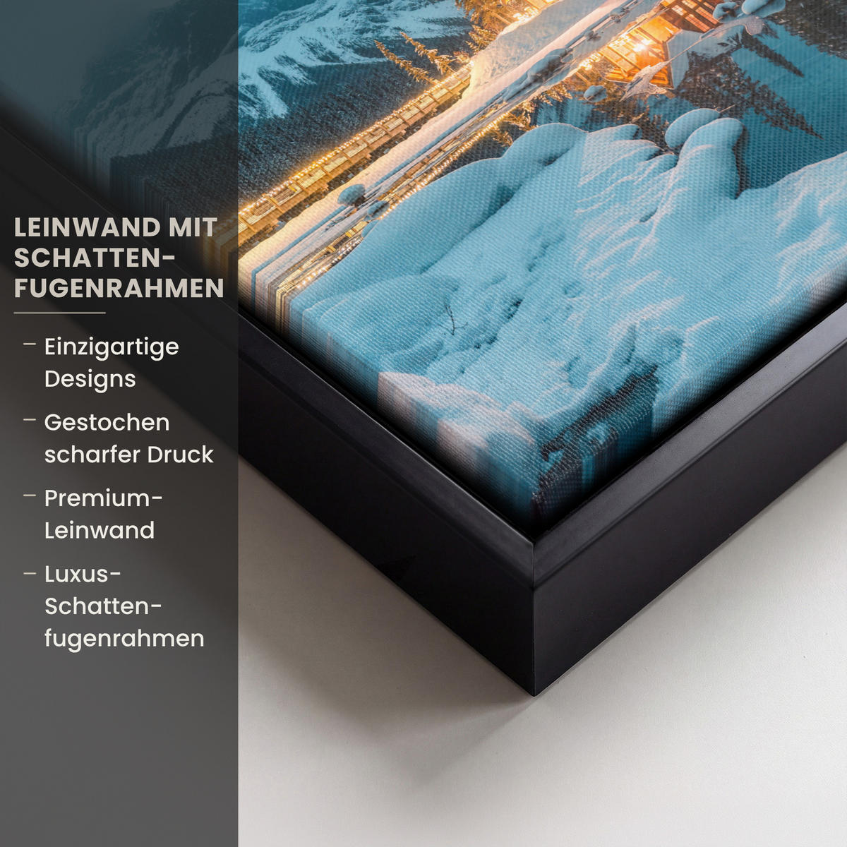 LEINWAND Bilder mit Rahmen - Winterlandschaft - Natur - Haus - Berge - Schnee - 20x20 - Hellblau, Textil (20/20cm) - MuchoWow