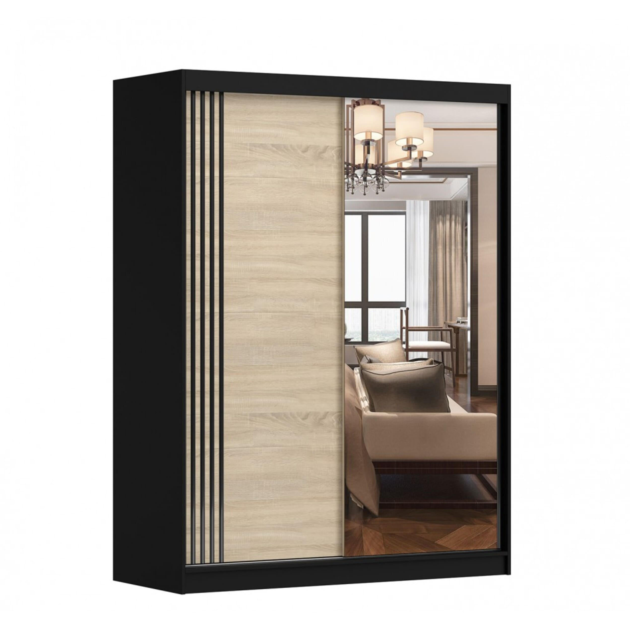 SCHIEBETÜRENSCHRANK - Lara 07 (Schwarz + Sonoma) - Schwarz/Sonoma Eiche, Holzwerkstoff/Metall (150/200/61cm) - Möblo