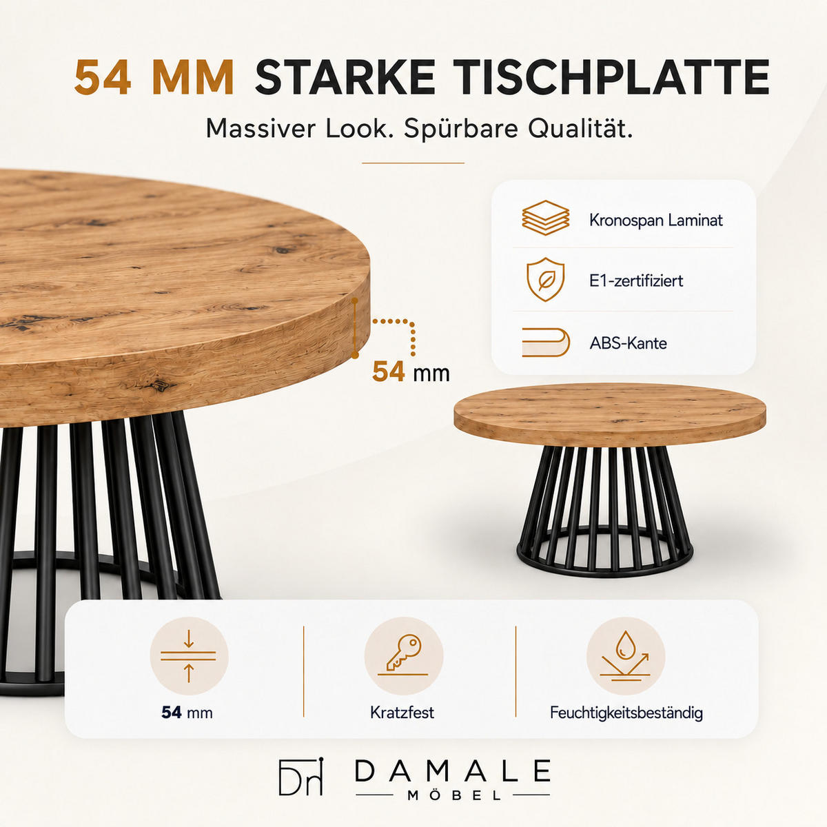 ESSTISCH rund ausziehbar 90/190/76 cm, Eiche Craft, 54 cm Tischplatte + Lamellen-Metallgestell Schwarz - Eichefarben/Schwarz, Holzwerkstoff/Metall (90/190/76cm) - Damale Möbel