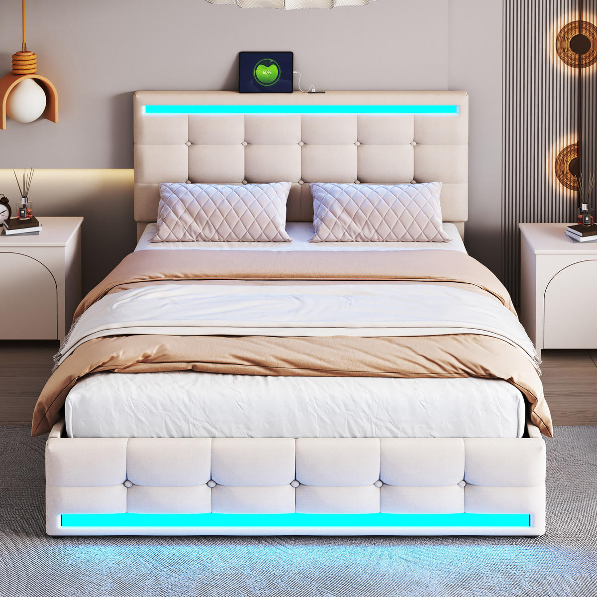 ČALÚNENÁ posteľ 140/200 cm béžová, čalúnená s LED osvetlením, 4 zásuvky a USB - béžová, textil (140/200cm) - BEAOK