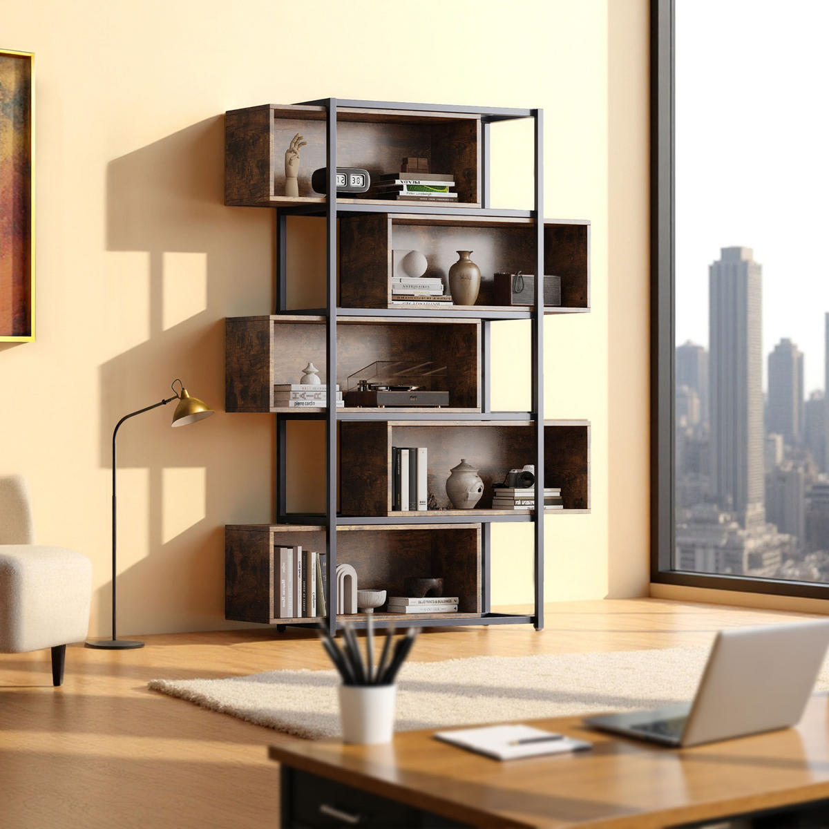 LEITERREGAL Industrielles Offenes Regalsystem mit 6 Fächern - Braun, Holzwerkstoff/Metall (121/176/35cm) - Urban Meuble