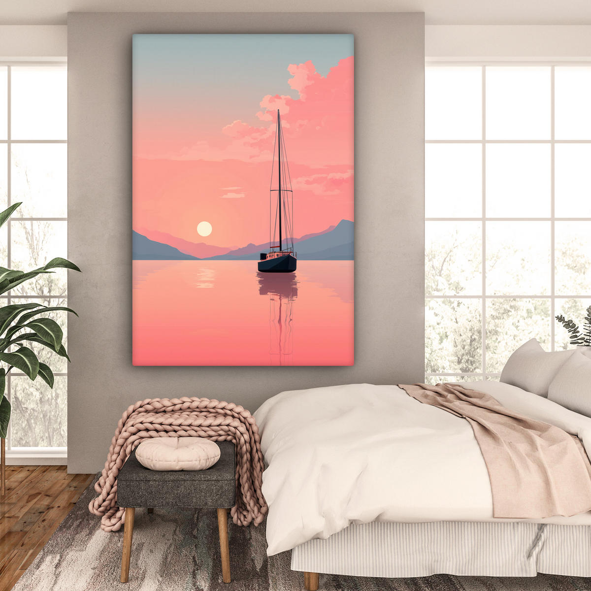 OBRAZ NA PLÁTNĚ Plachetnice - Růžové moře - Západ slunce - Hory 90x140 cm - růžová, textil (90/140cm) - MuchoWow