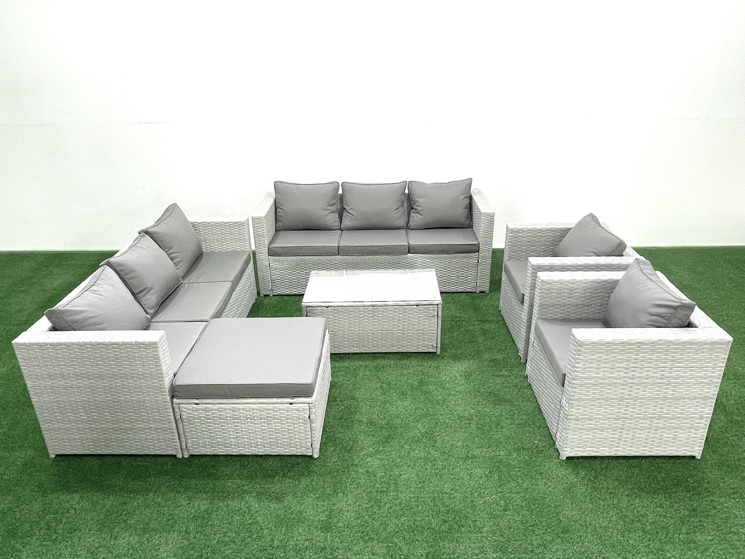 GARTENGARNITUR mit 3-SITZER SOFA,COUCHTISCH Polyrattan Hellgrau-Mix 9-Sitzer - Hellgrau/Grau, Glas/Kunststoff - Fimous