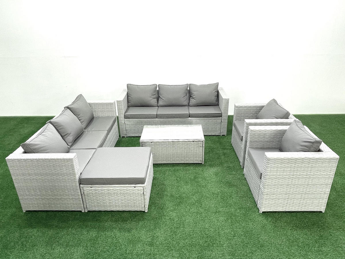 GARTENGARNITUR mit 3-SITZER SOFA,COUCHTISCH Polyrattan Hellgrau-Mix 9-Sitzer - Hellgrau/Grau, Glas/Kunststoff - Fimous
