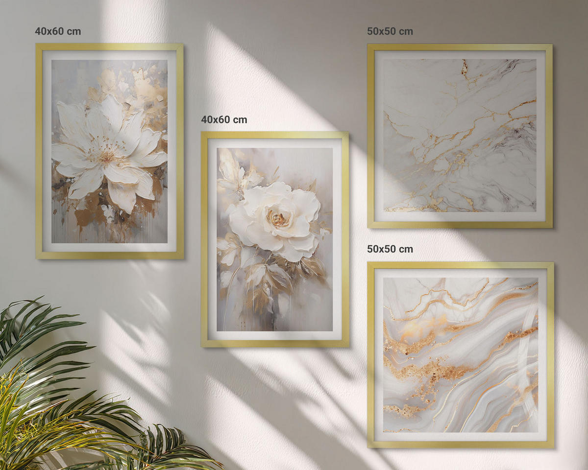 BILDER SET 4er Set - 50x50 cm & 40x60 cm Goldrahmen - Abstrakte Blumen aus Marmor - Goldfarben, Kunststoff (50/50cm) - TULUP