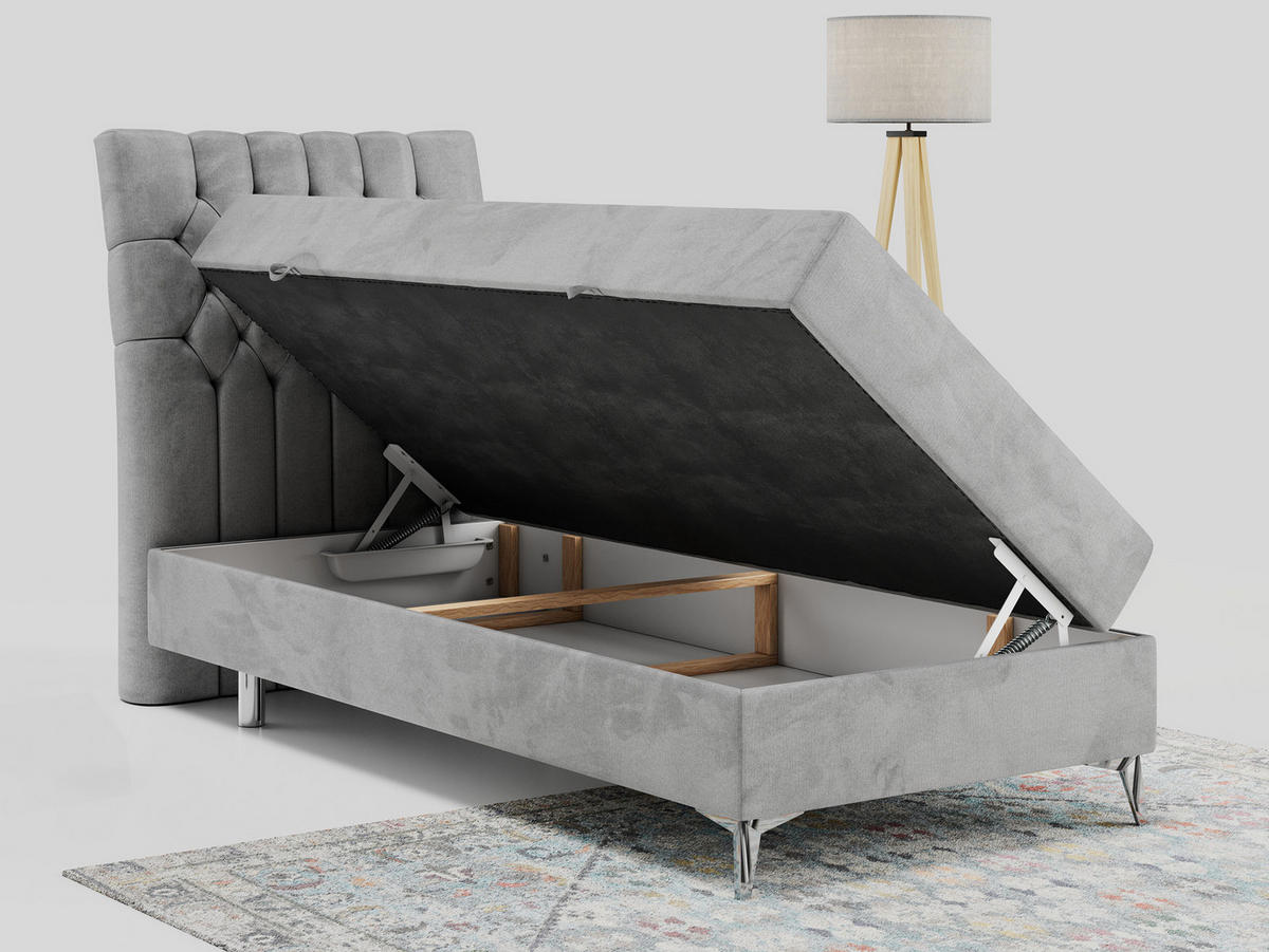 BOXBETT MILEN 90/200 Hellgrau Velvet - H3 - Links Seite - Hellgrau, Holz/Textil (90/200cm) - MKS