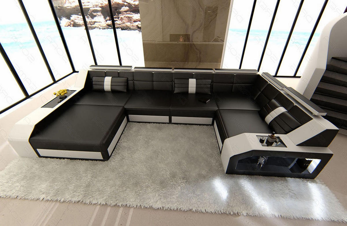 WOHNLANDSCHAFT Arezzo U - Schwarz/Weiß, Leder (380/86/197cm) - Sofa Dreams