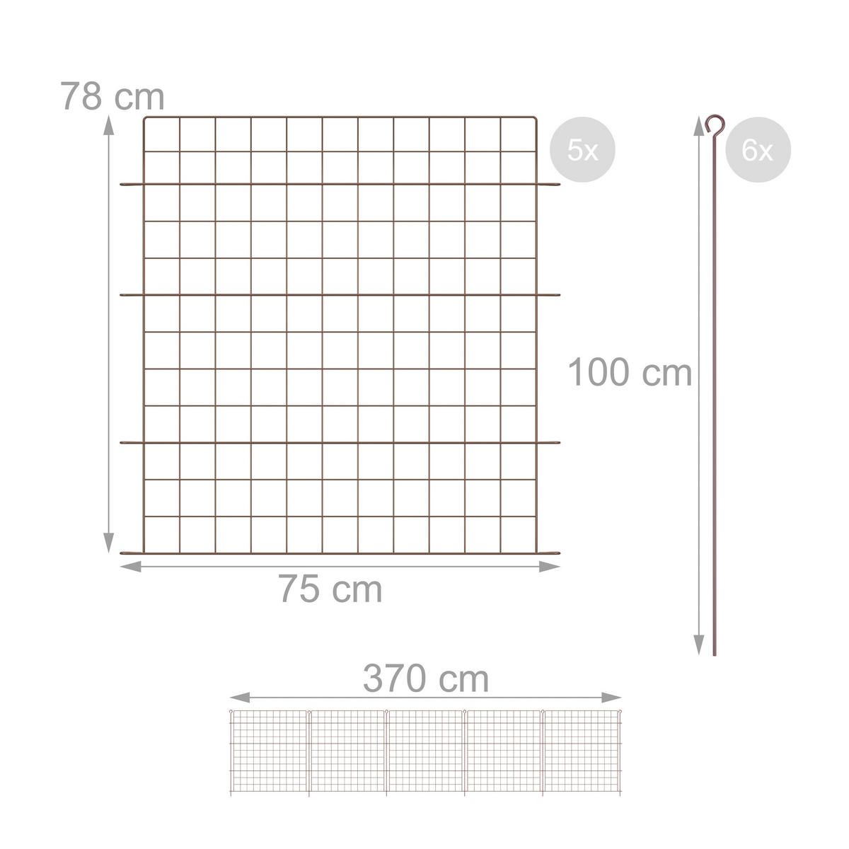 5XTEICHZAUN - Braun, Metall (370/78/2cm) - Relaxdays