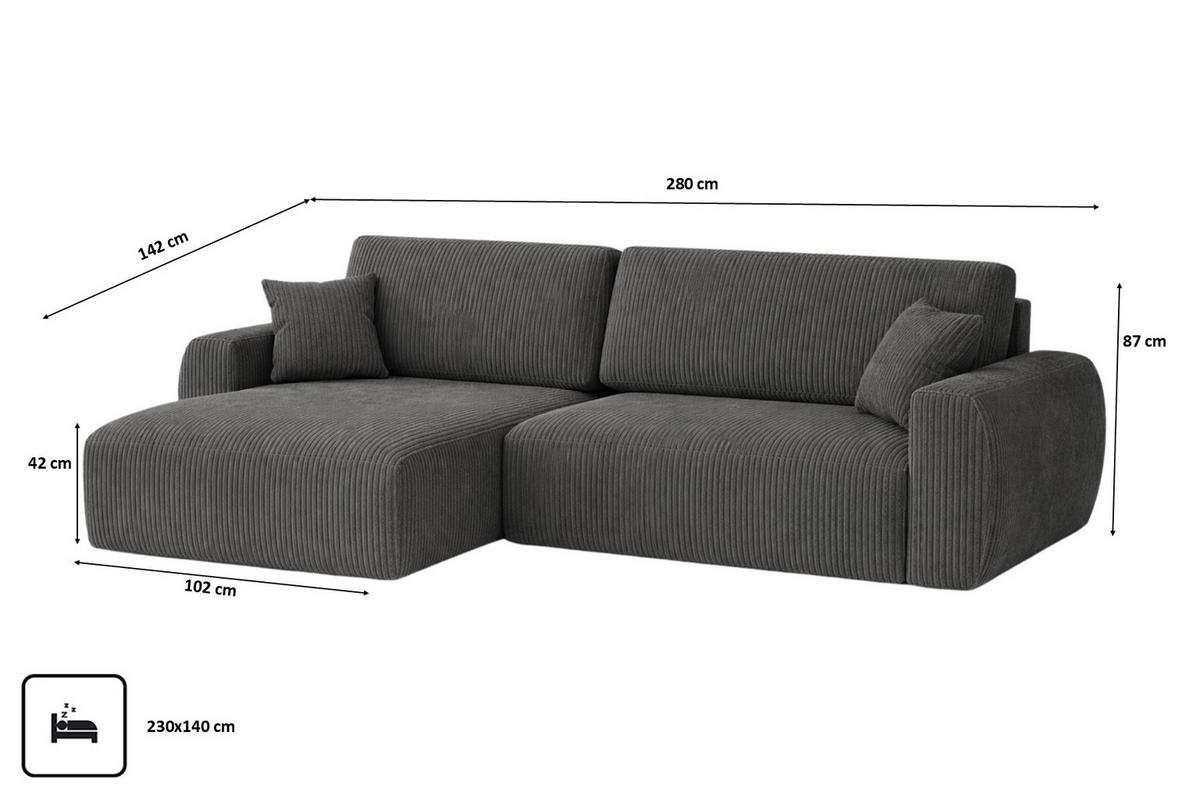 ECKSOFA Mit Schlaffunktion, Ariel XL, Cordstoff, Stoff Poso, Grau, Links - Grau, Holz (280/142cm) - Kaiser Möbel