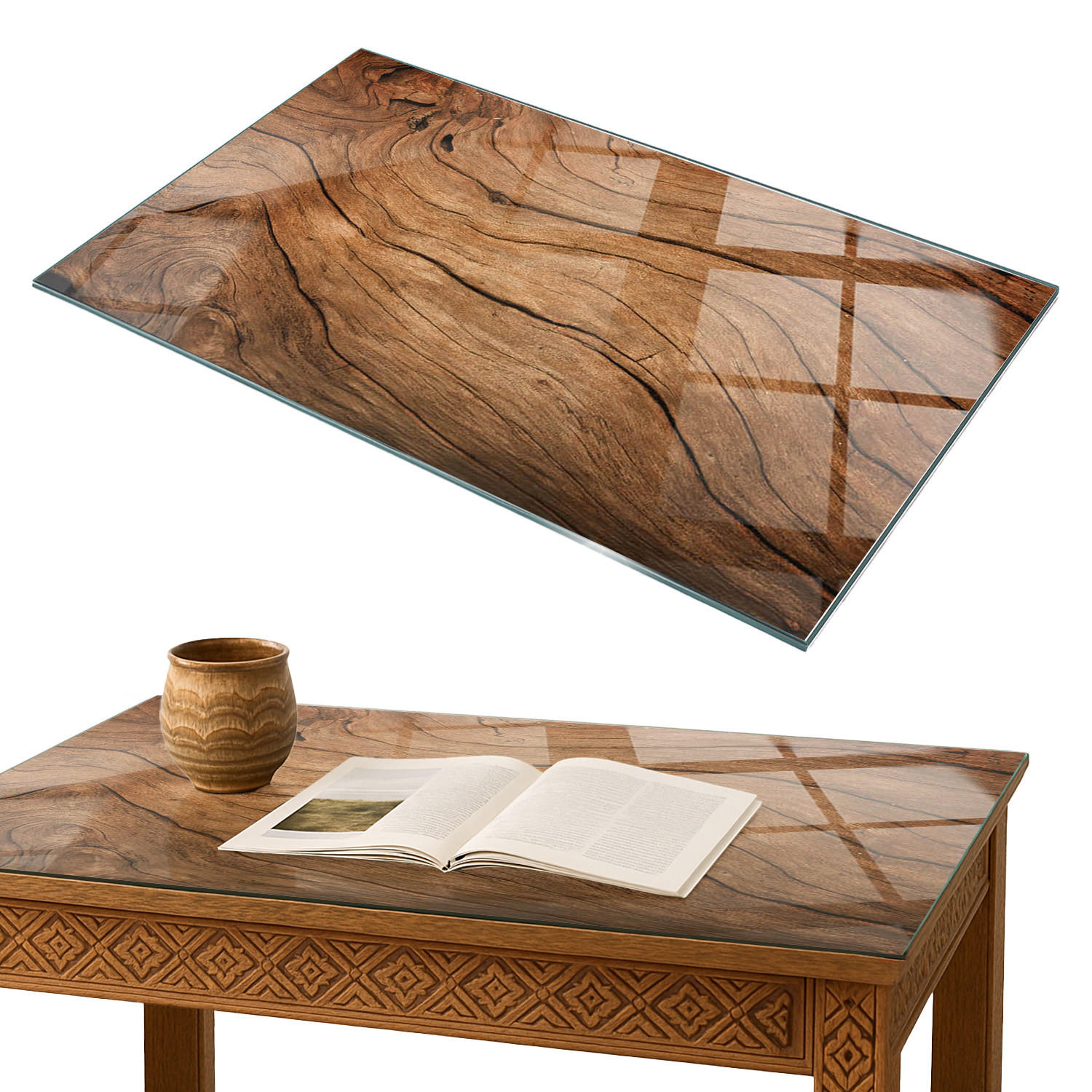 TISCHPLATTE 100x70 cm Natürliche Holzmaserung - Braun, Glas (0.4/100/70cm) - TULUP