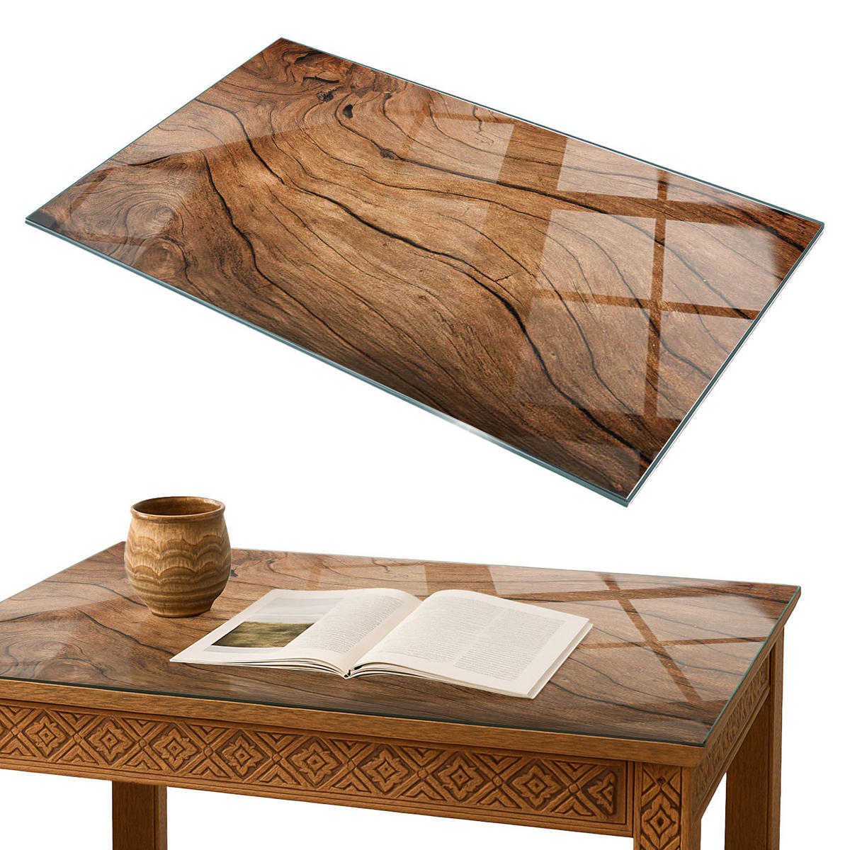 TISCHPLATTE 100x70 cm Natürliche Holzmaserung - Braun, Glas (0.4/100/70cm) - TULUP