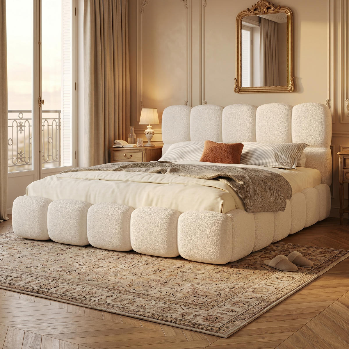 CANAPEA EXTENSIBILĂ din velur cu design capitonat, funcție 3 în 1 și pat queen-size - alb, material textil (180/200cm) - Urban Meuble