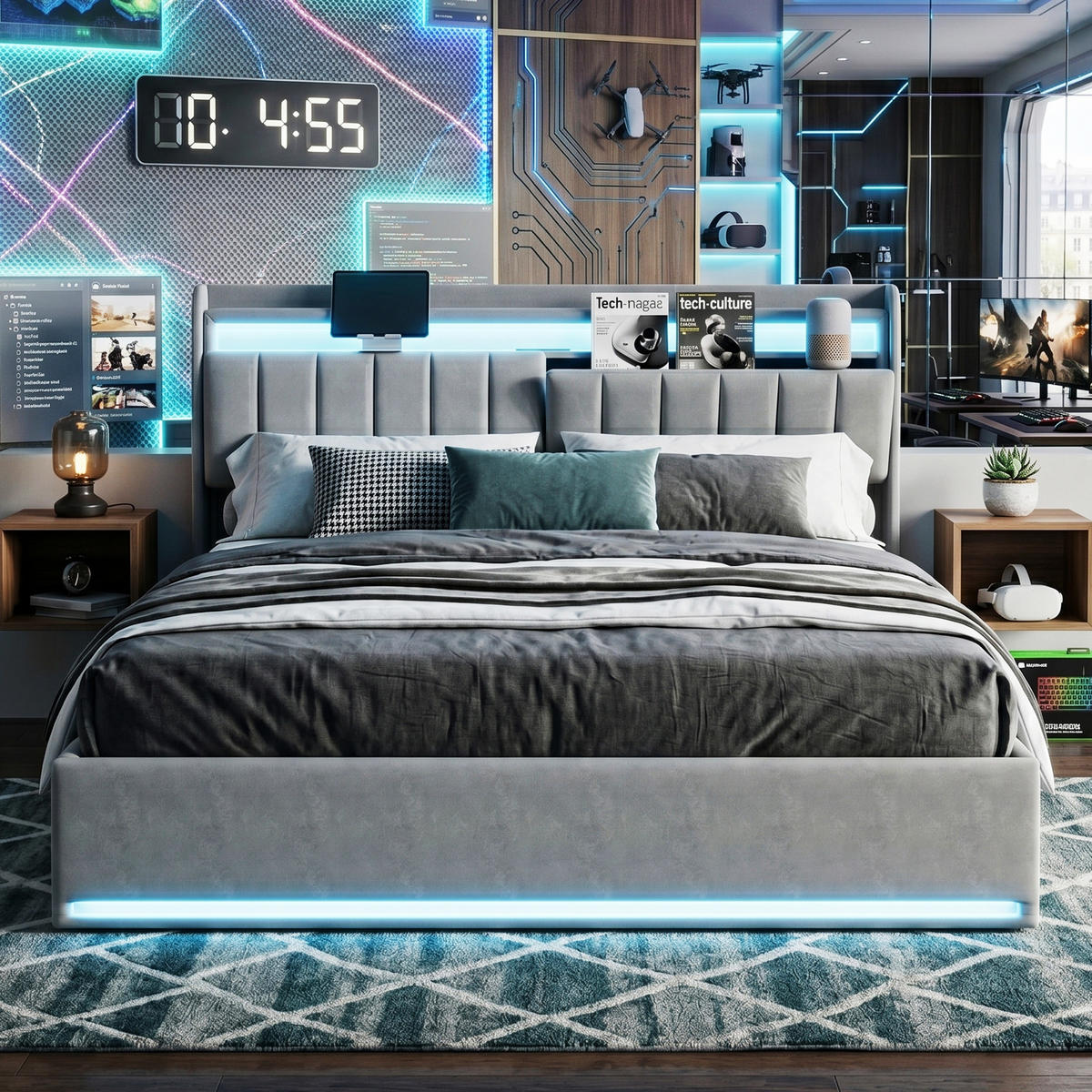 POLSTERBETT Längssteppung 160/200 cm mit Bettkasten & App-LED Samtoptik Grau - Grau, Textil (160/200cm) - Creahappy