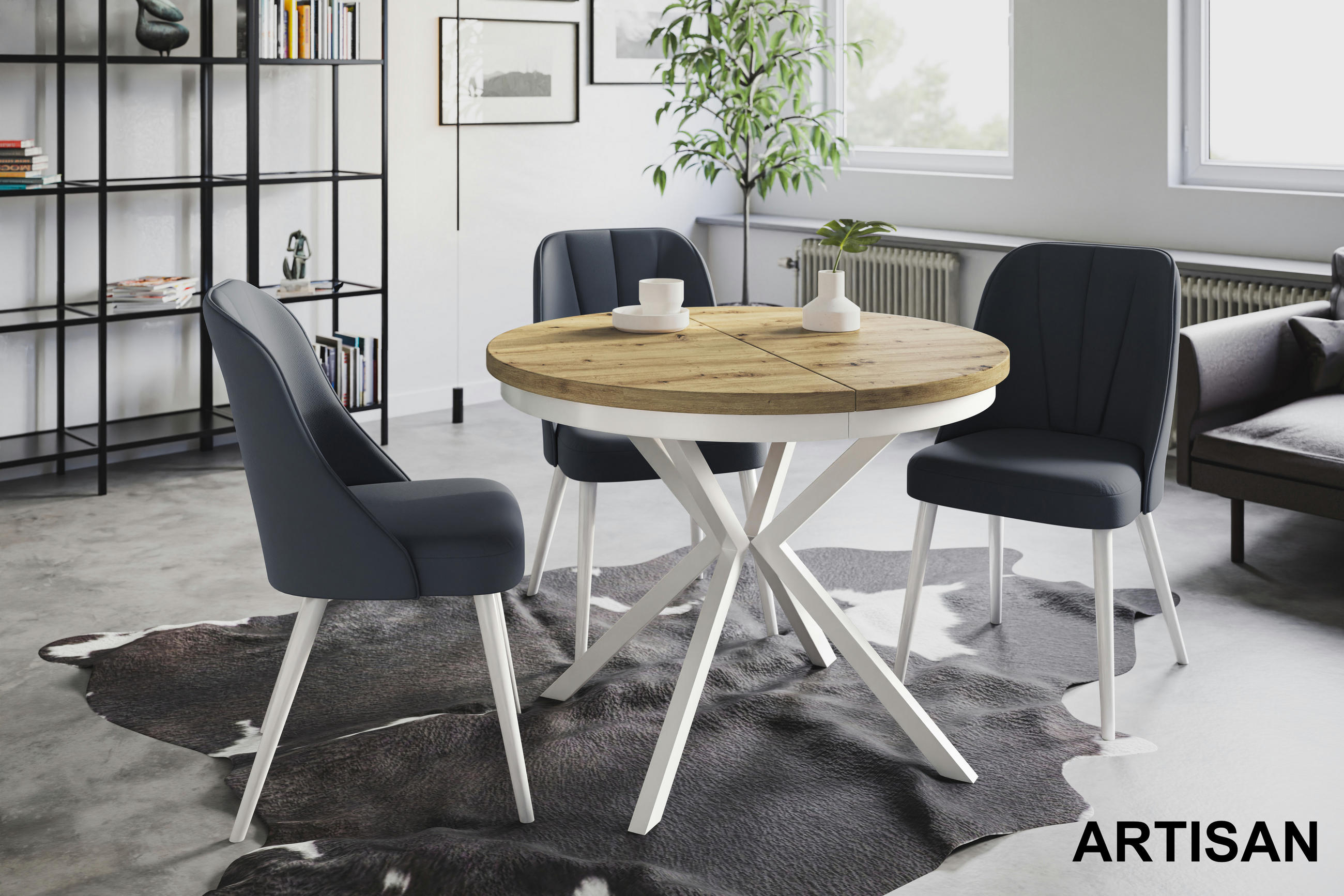 ESSZIMMERTISCH BERGO, ausziehbarer Tisch 90 cm/170 cm, Farbe: Mattbraun, mit Metallbeinen in Farbe Weiß - Hellbraun/Weiß, Holzwerkstoff (90/90/76cm) - Alpi-Möbel