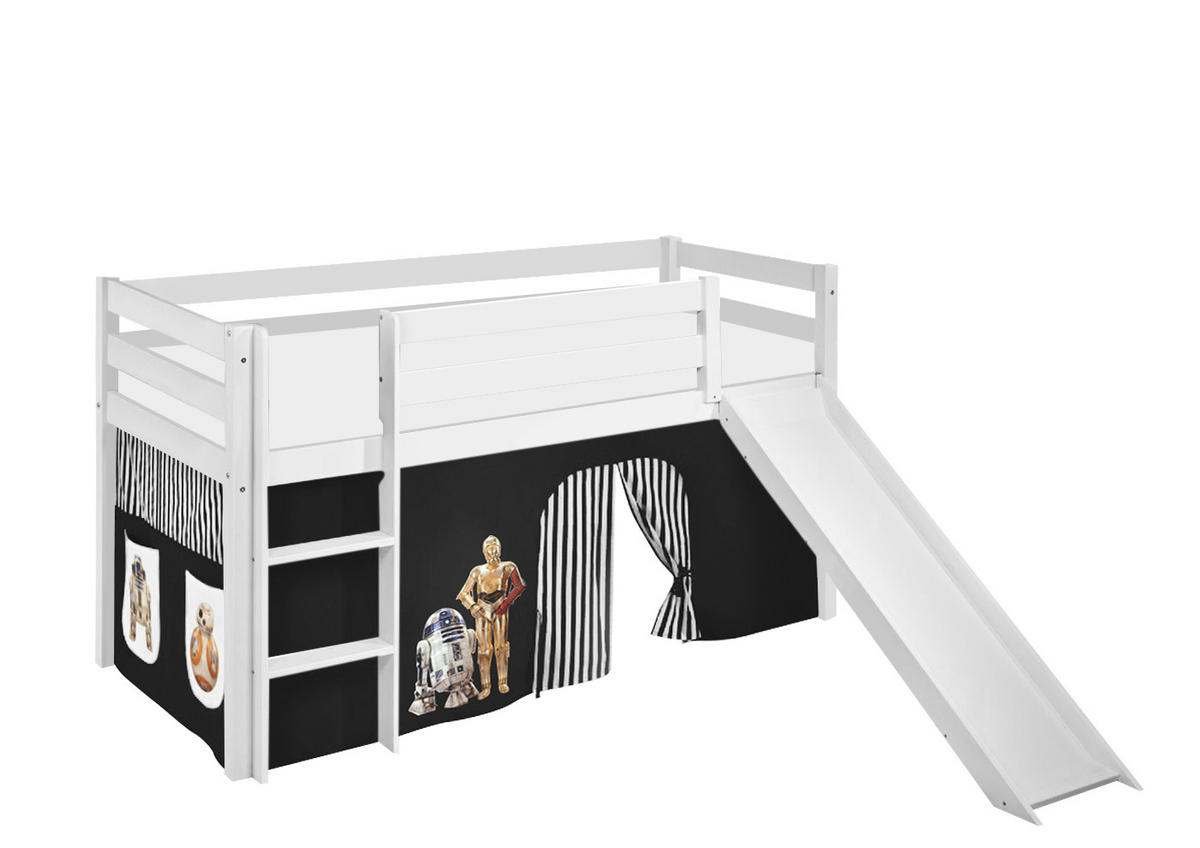 SPIELBETT JELLE Star Wars Schwarz - Hochbett - mit Rutsche und Vorhang - Weiß, Holz - Lilokids