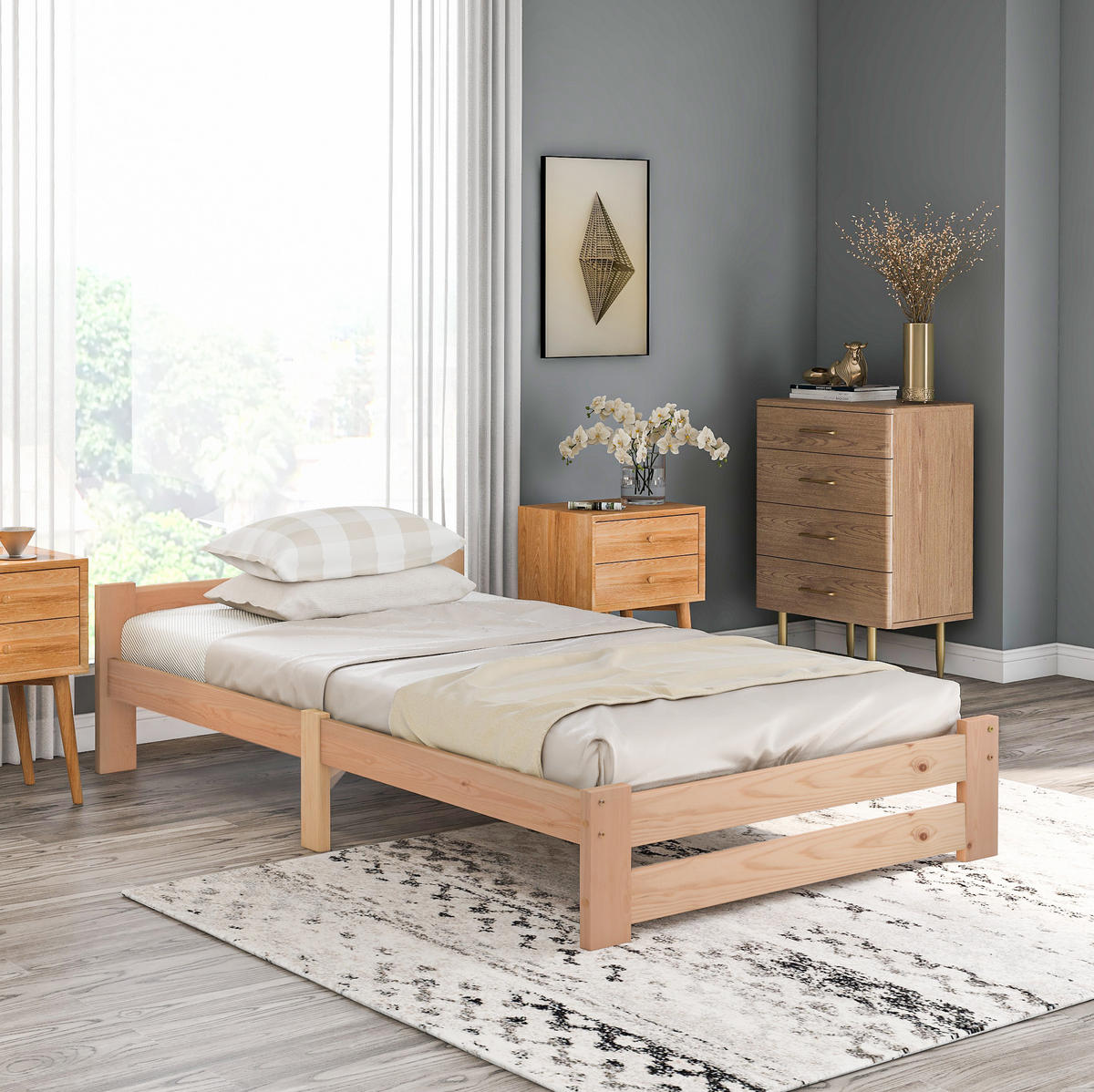 HOLZBETT 90/200 cm aus Kiefer massiv in Natur – mit Kopfteil und inkl. Lattenrost - Naturfarben, Holz (90/200cm) - BEAOK