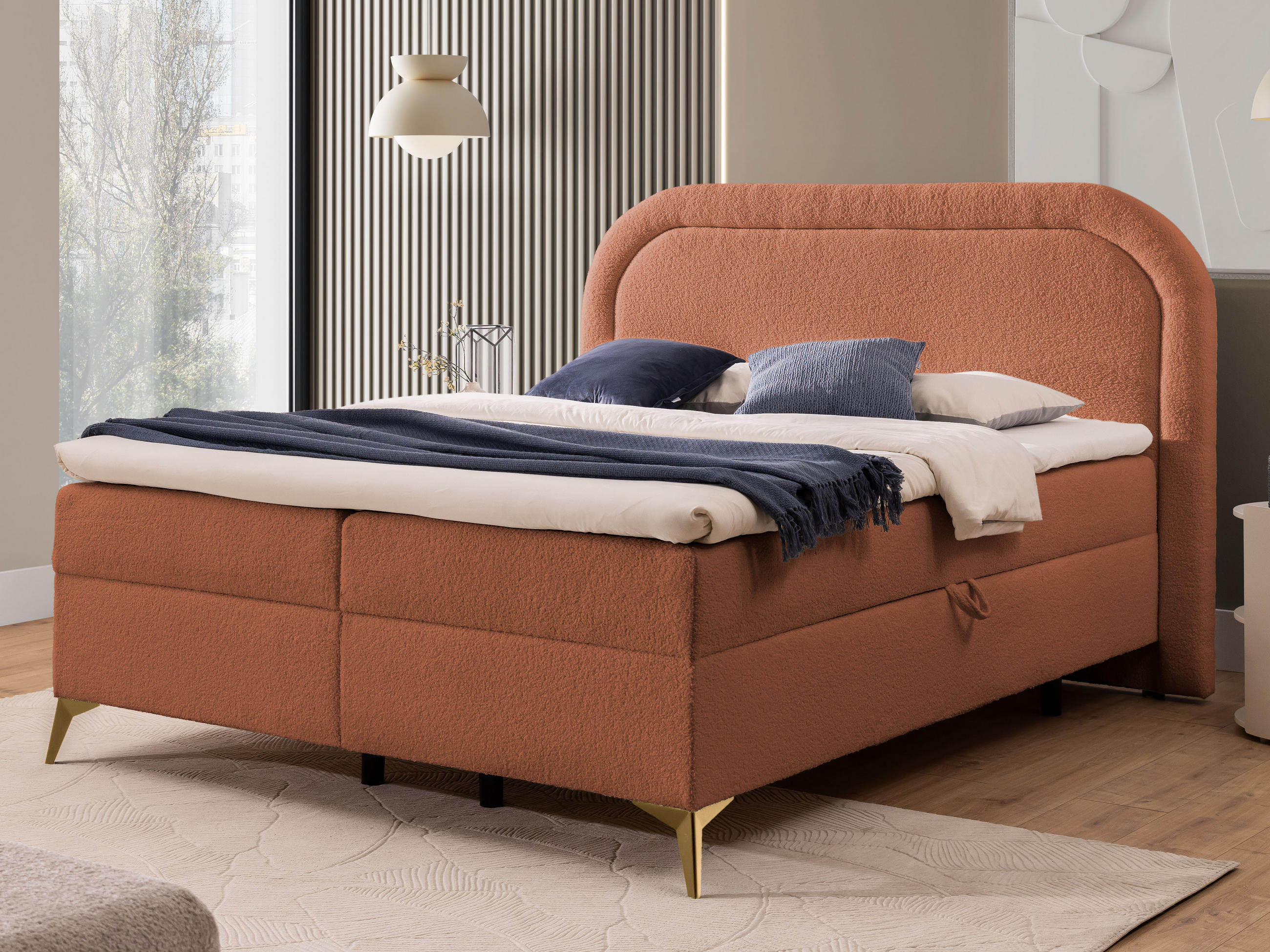 BOXBETT Sonna 140/200 cm Terrakotta Bouclé-Stoff mit abgerundetem Kopfteil und mit goldenen Metallfüßen - Terra cotta/Goldfarben, Holz/Textil (140/200cm) - S-Style Möbel