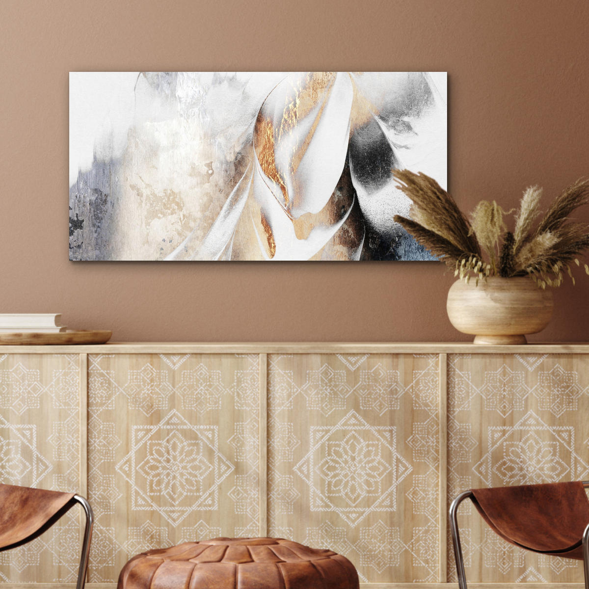 KOVOVÝ OBRAZ Luxusné - abstraktné - zlaté - biele 80x40 cm - zlatá, kov (80/40cm) - MuchoWow