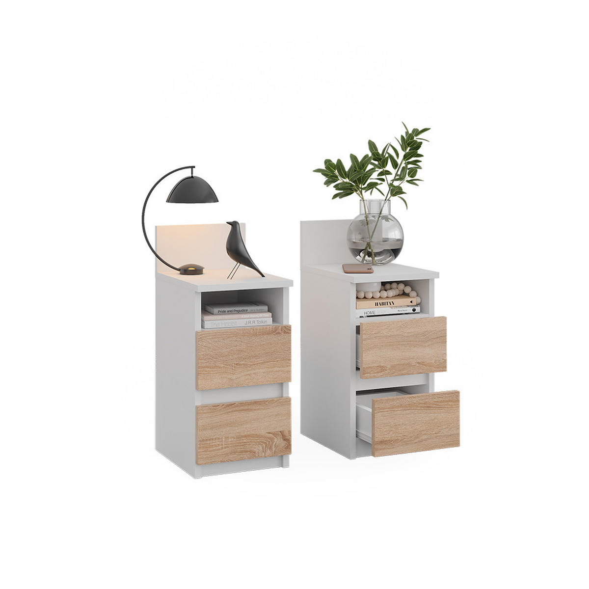 NACHTTISCH Monty Weiß/Sonoma 25 x 59.1 cm 2er Set - Weiß/Sonoma Eiche, Holzwerkstoff (25/59.1/32.3cm) - Vicco