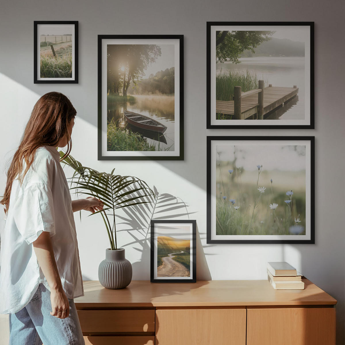 BILDER SET 5er Set - 50x50 cm & 20x30 cm & 40x60 cm Schwarzer Rahmen - Libellen im Gras, Wassermalerei - Schwarz, Kunststoff (40/60cm) - TULUP