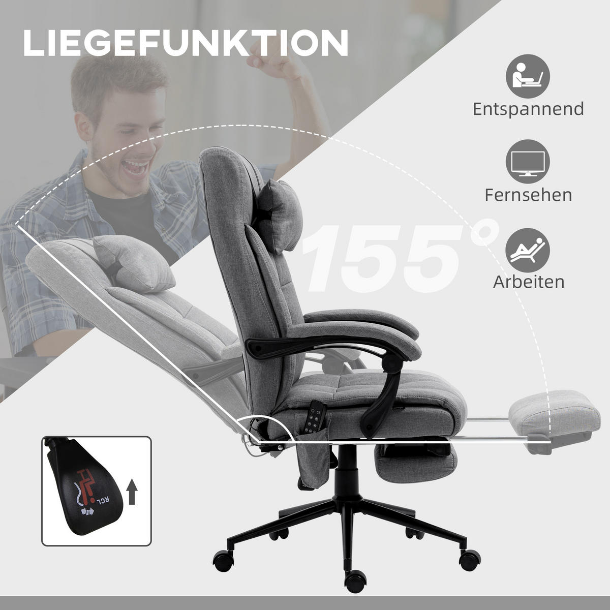 BÜROSTUHL mit Massagefunktion, Ergonomisch Schreibtischstuhl mit Lendenheizung - Grau, Kunststoff (76/124/66cm) - Vinsetto