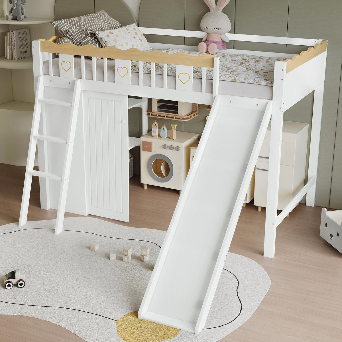 HOCHBETT 90x200 cm Rutsche Schrank Stauraum - Weiß, Holz (90/200cm) - LEBENLANG