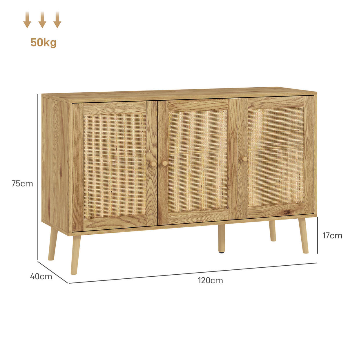 SIDEBOARD Naturfarben, Rattantüren, 120/40/75 cm - Naturfarben, Holz (120/75/40cm) - PANGIVO