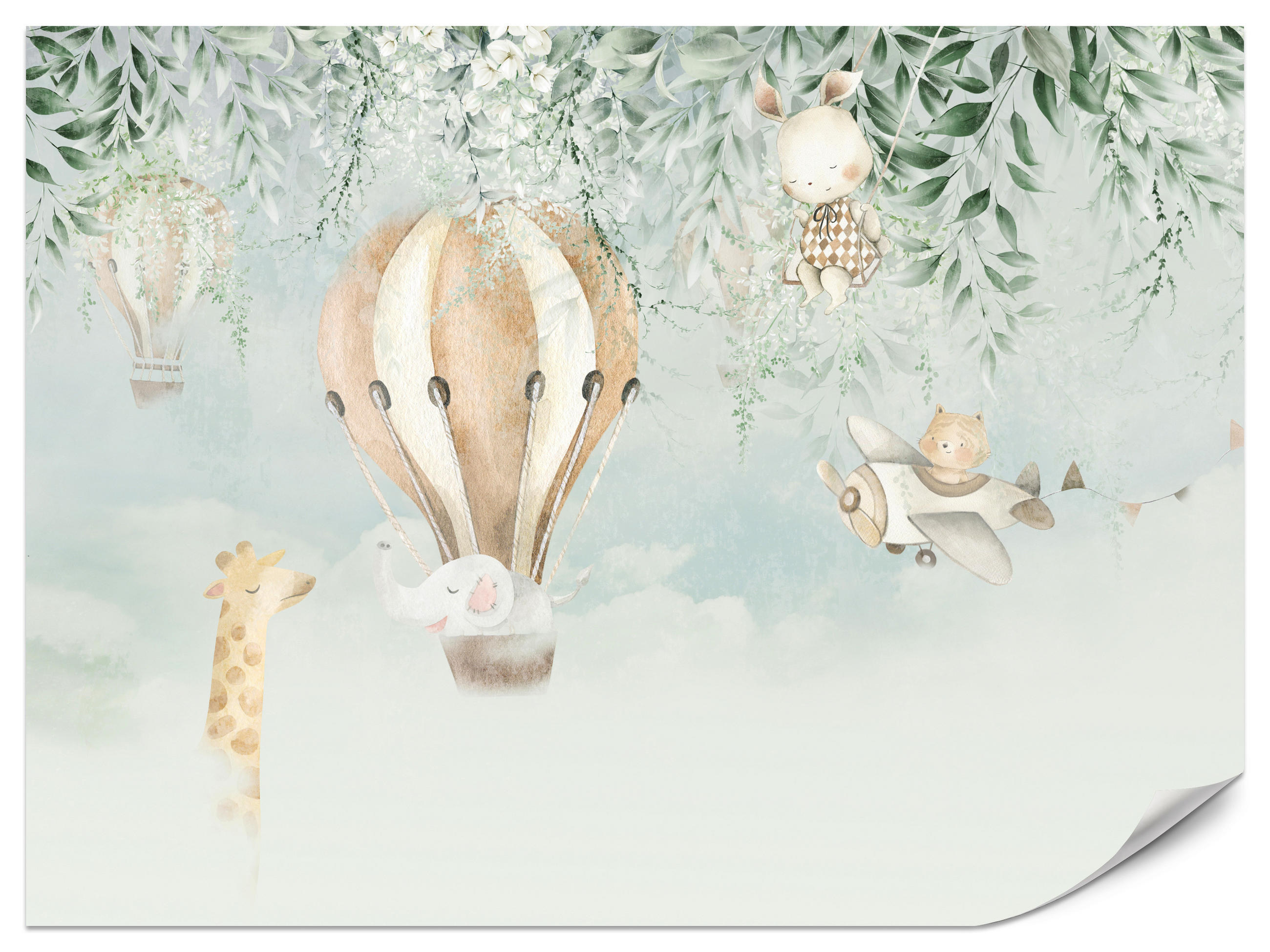 FOTOTAPETE für Kinderzimmer Tiere Wolken Ballons Giraffe Elefant 300x210 - Beige/Braun, Papier (300/210cm) - Muralo