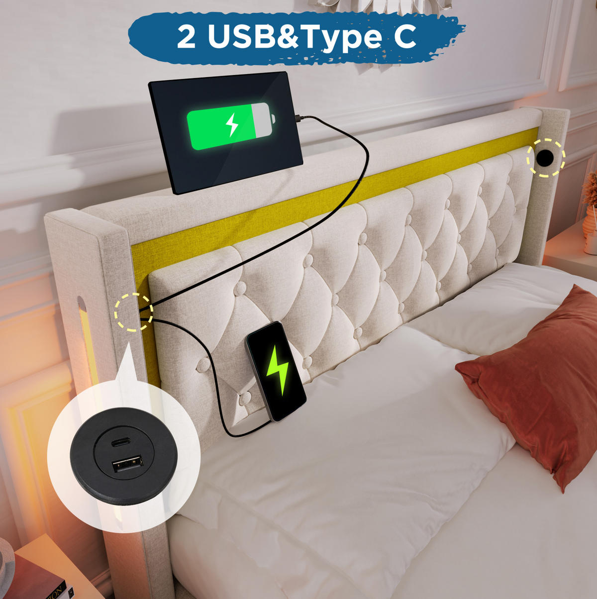 OBLAZINJENA postelja 140/200 cm z LED osvetlitvijo, USB in USB-C priključki, predalom za shranjevanje ter vzmetnico, Bež - bež, tekstil (140/140cm) - Redom