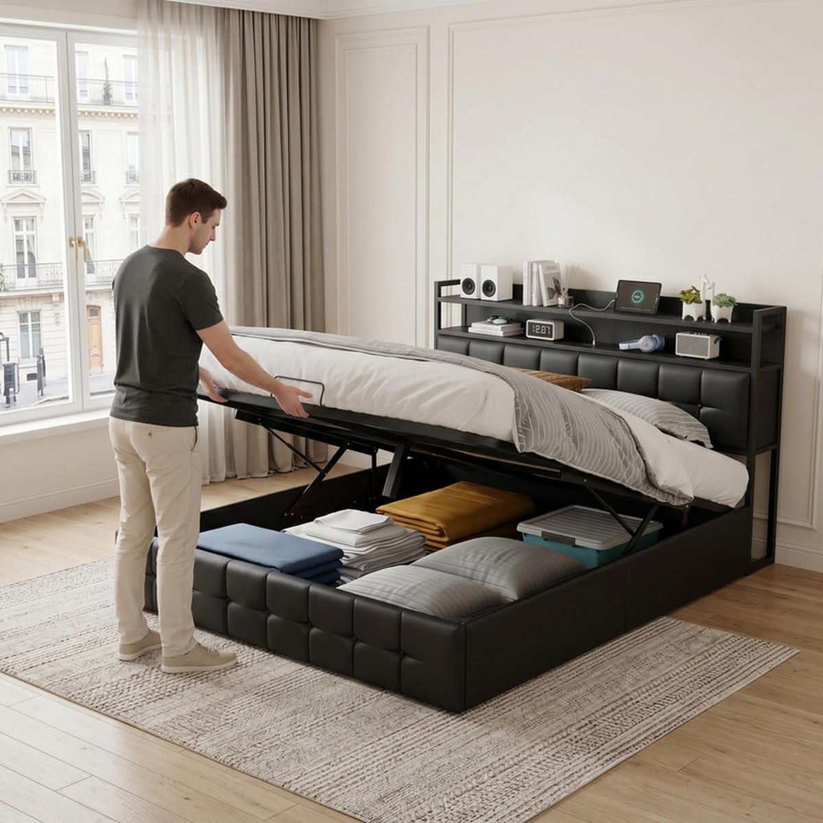 POLSTERBETT 140/190 cm schwarz mit Stauraum, LED und USB - Schwarz, Holz