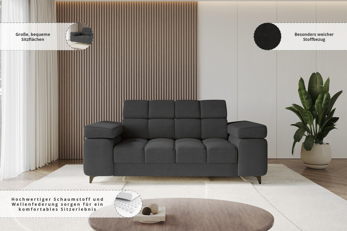 SOFA 2-Sitzer LORD-S1 194x97x90 cm Schwarz Samt - Schwarz, Holzwerkstoff/Textil (194/90/97cm) - ALTDECOR