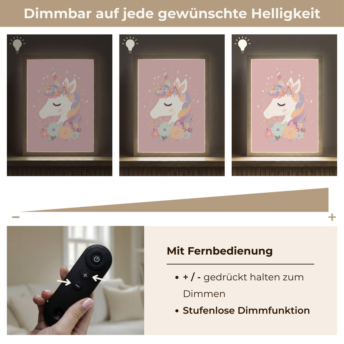 NÁSTĚNNÁ LAMPA S AKUMULÁTOREM Jednorožec - růžová - květiny 30x40 cm - růžová, kompozitní dřevo (30/40/8cm) - OnlyWow