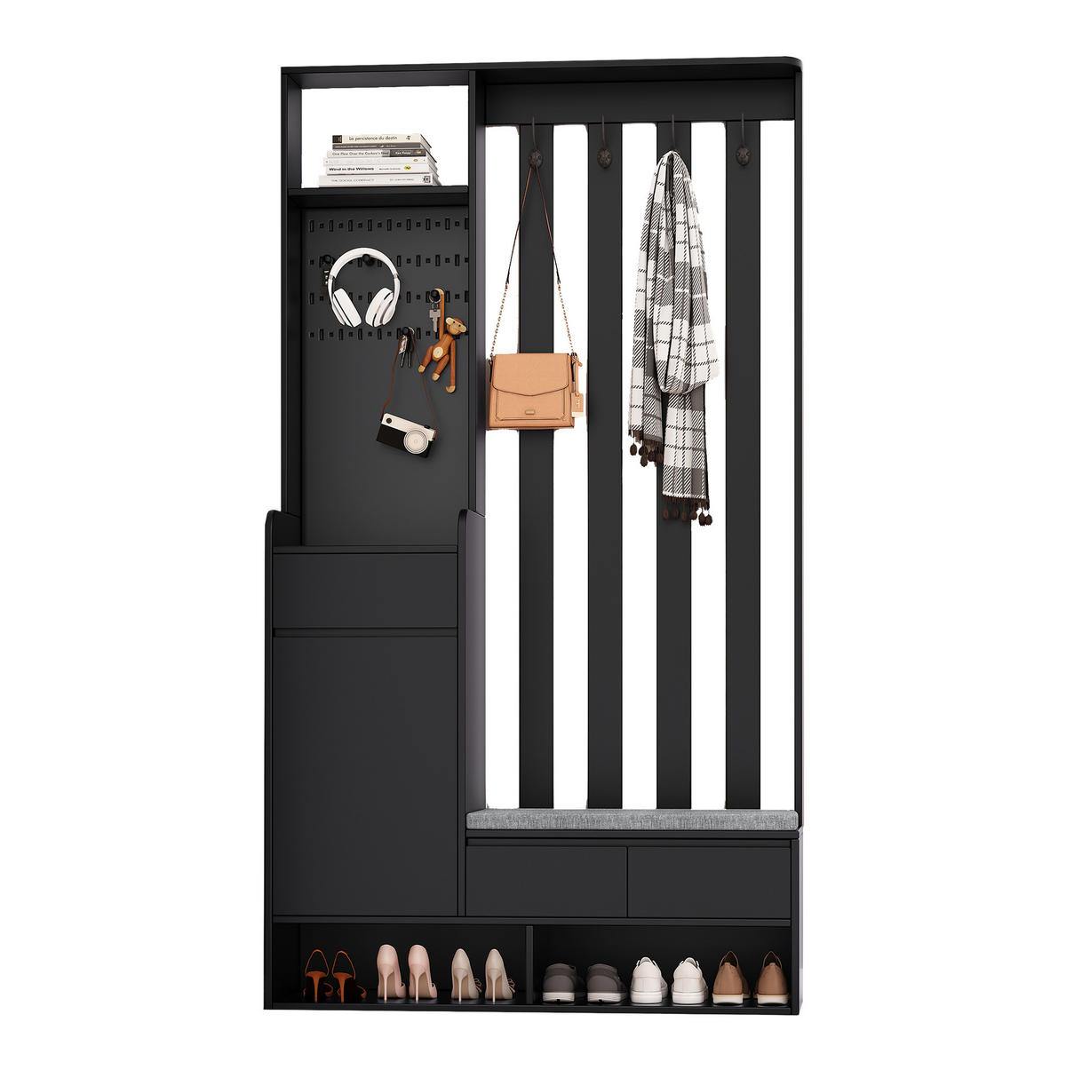 GARDEROBE aus MDF H180 & B100 & T35cm in Schwarz mit Sitzbank & Stecktafel - Schwarz, Holzwerkstoff (100/180/35cm) - Modfu