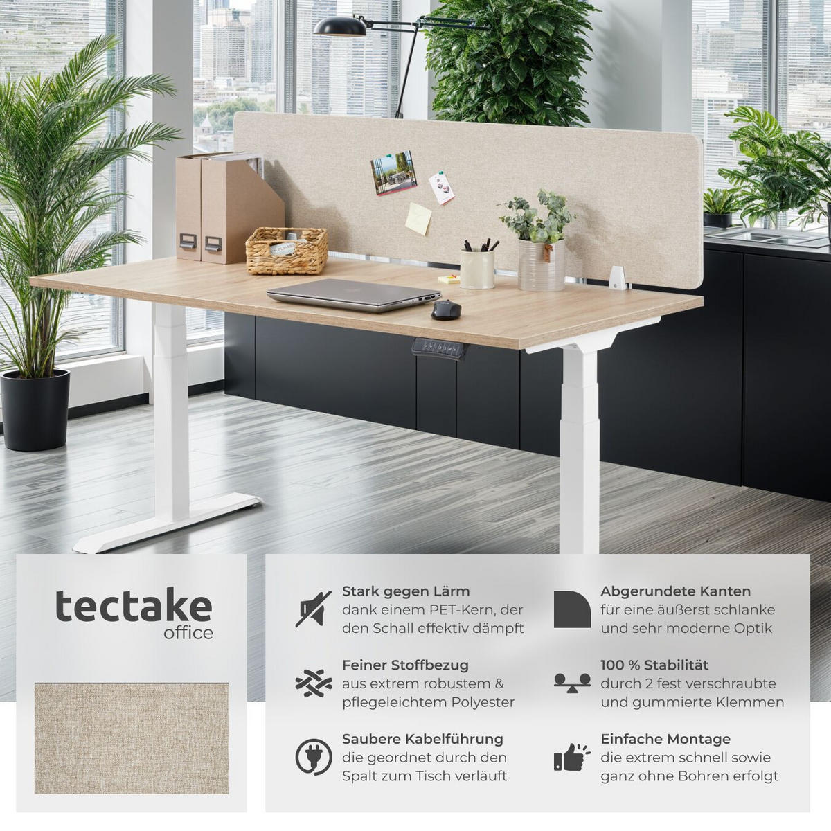 TRENNWAND für Schreibtisch Noisy,inkl. 2 Befestigungsklemmen,beige - Beige, Kunststoff (2.2/160/40cm) - tectake