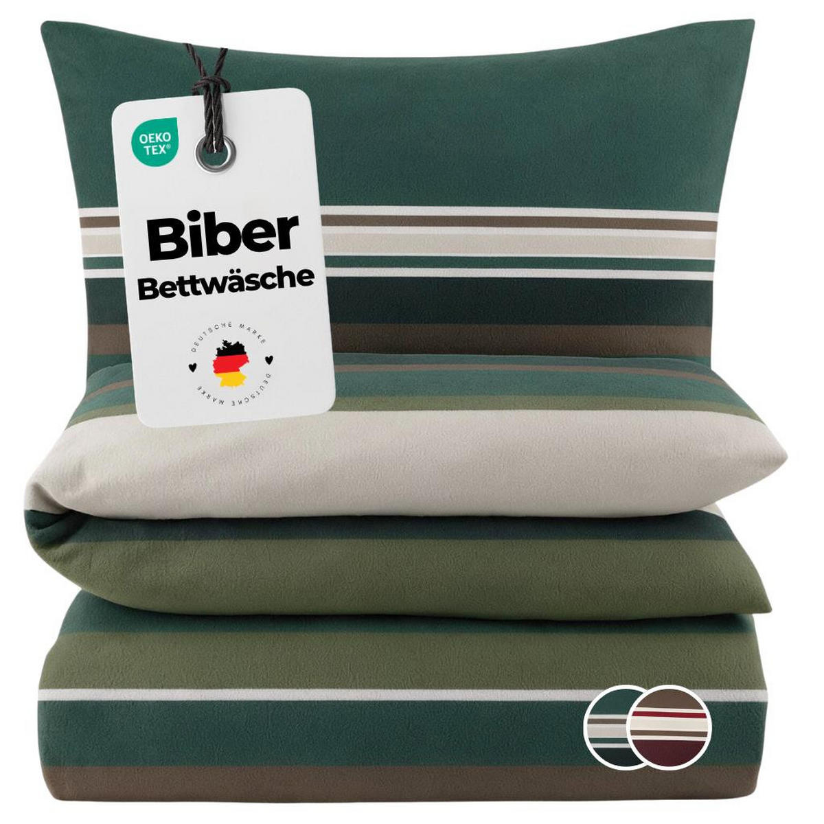 BIBER-BETTWÄSCHE 135x200 - Kuschelig warmer Flanell Bettbezug aus 100% Baumwolle für Herbst & Winter - Streifen Muster Grün - Grün, Textil (135/200cm) - Carpe Sonno
