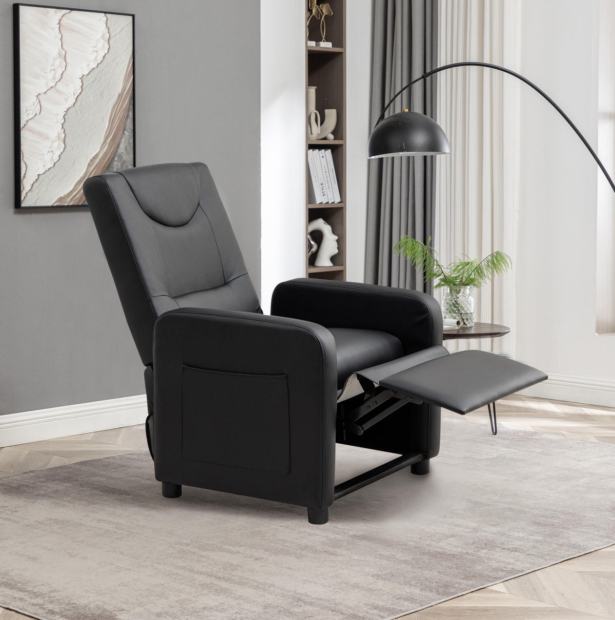 RELAXSESSEL PU mit verstellbarer Rückenlehne, klappbarer Fußstütze 76,5/67,5/95,5 cm Schwarz - Schwarz, Kunststoff (67.5/95.5/76.5cm) - Redom