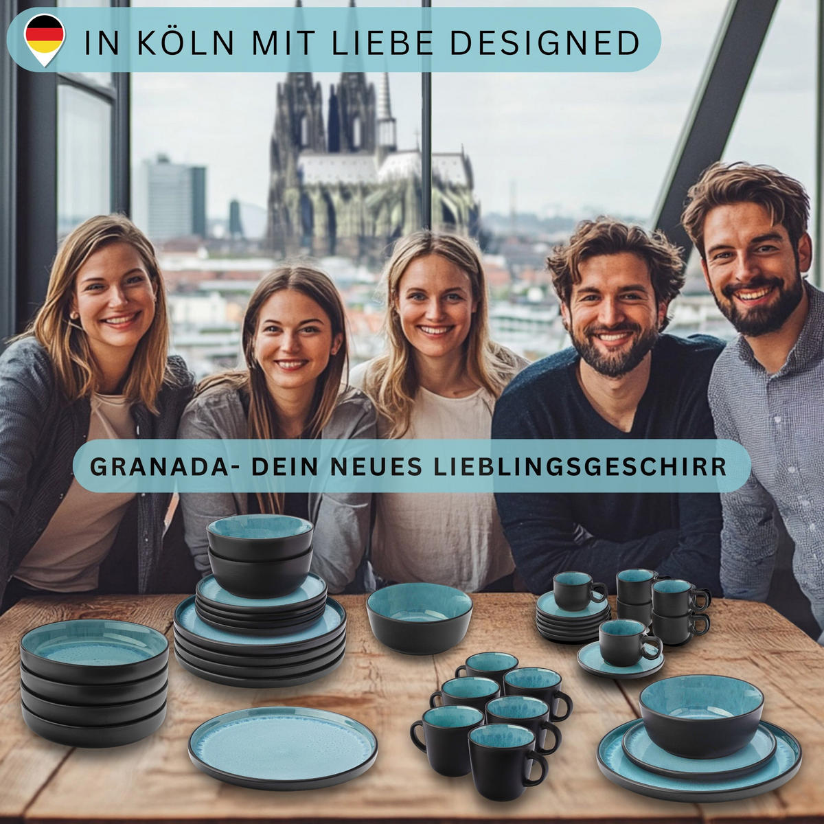 TAFELSERVICE GRANADA - 18 teilig aus Steingut - Blau, Stein (33/34/46.5cm) - Sänger