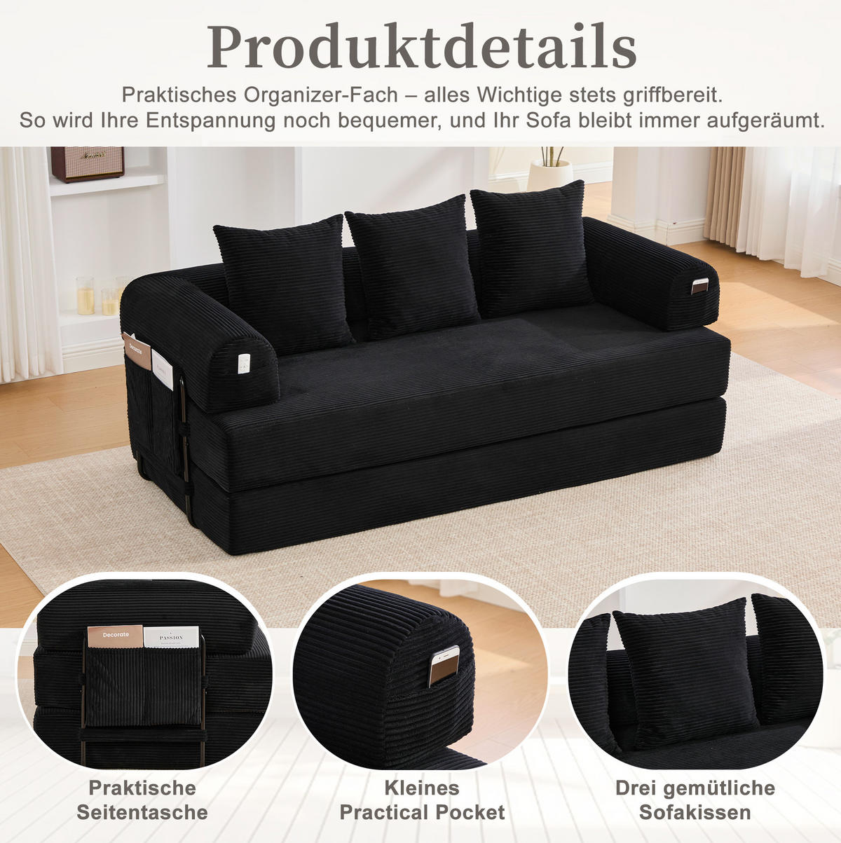 SOFA 200/94/67 cm in Schwarz aus Cord mit modularer Funktion und 3 Kissen - Schwarz, Textil (94/67/200cm) - Flora Grace