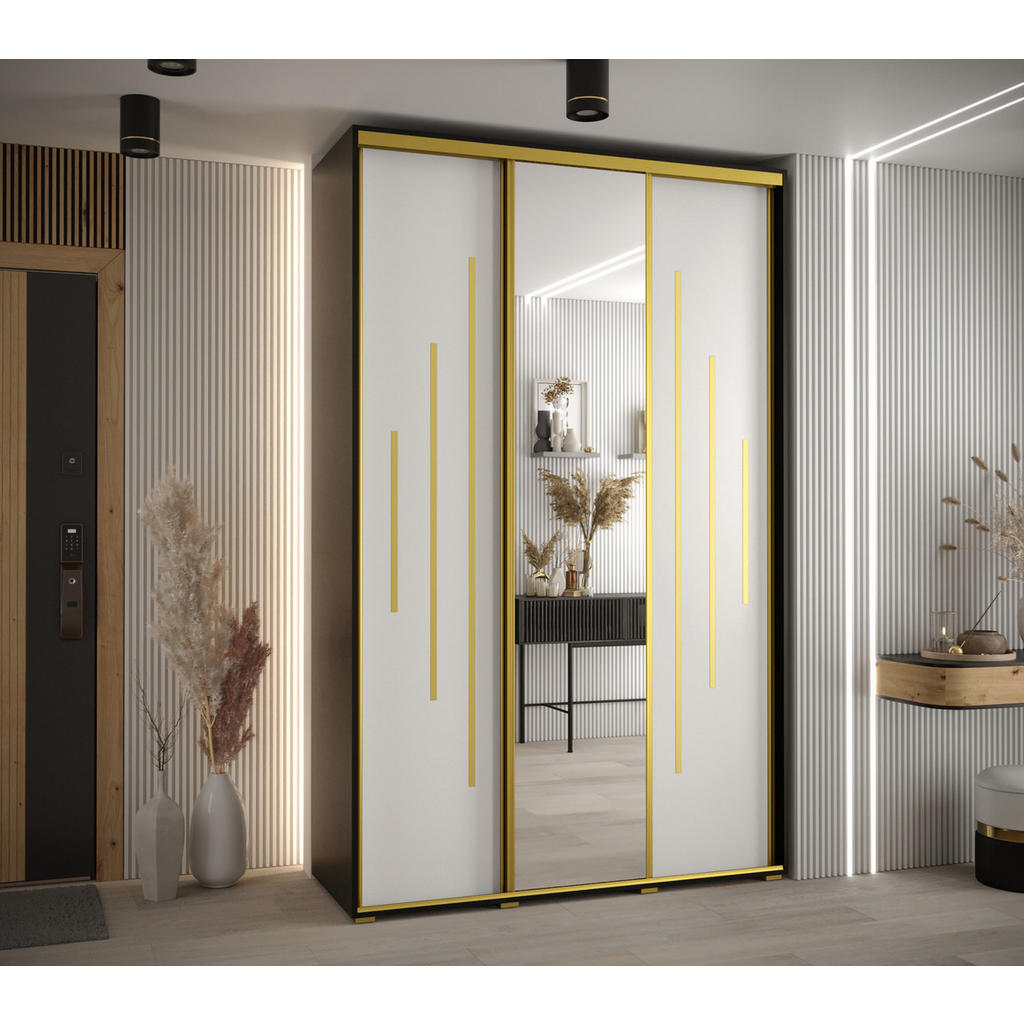 Thumbnail - Abiks Möbel Schwebetürenschrank, Schwarz, Weiß, Gold, Metall, Nachbildung, 6 Fächer, 160x235x45 cm, Schlafzimmer, Kleide...