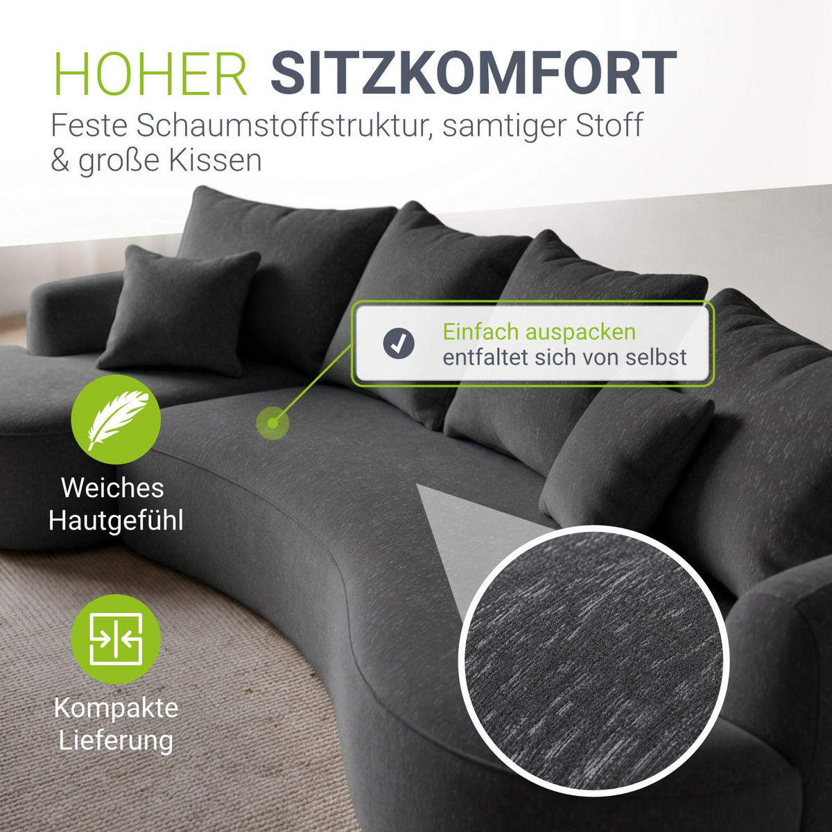 SOFA Tirano Samt Dunkelgrau mit Ottomane links - Dunkelgrau, Textil (102/300cm) - Juskys