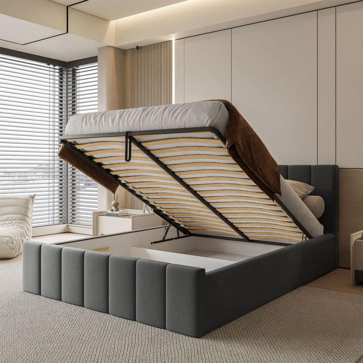 POLSTERBETT ELISE 90x200 cm Boston Brown, Kopfteil 95 cm, 17 Holzlatten - Braun, Textil (90/200cm) - Lookway
