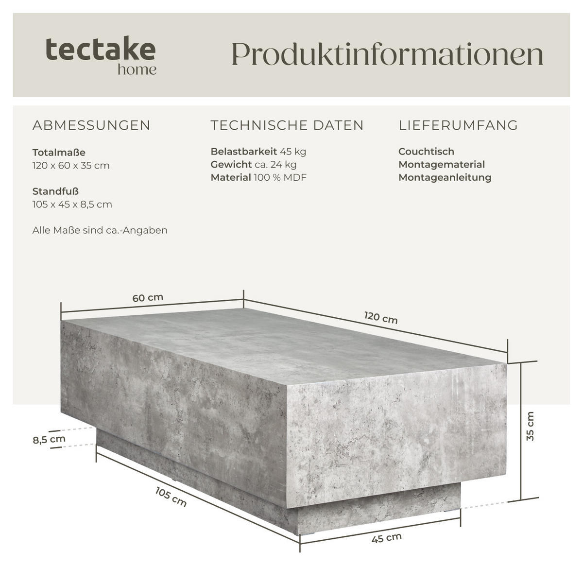 COUCHTISCH Lasley,120 x 60 x 35 cm,Beton Optik - Grau, Holz (60/120/35cm) - tectake