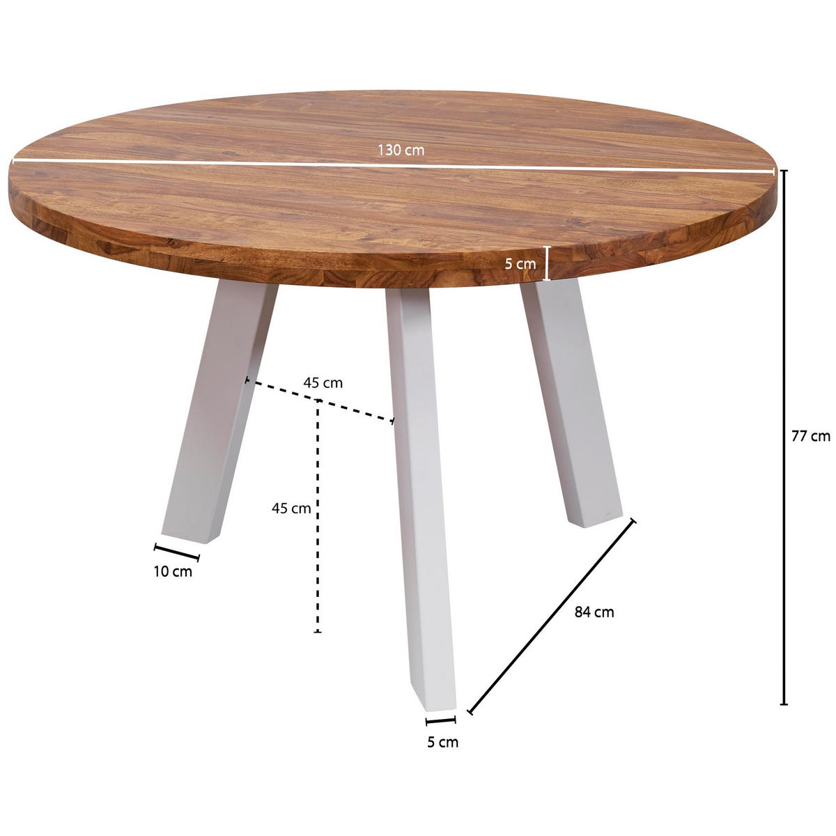 ESSZIMMERTISCH – Rund Massivholz Braun 130 cm weiße Beine - Braun/Weiß, Holz/Metall (130/130/77cm) - KADIMA DESIGN