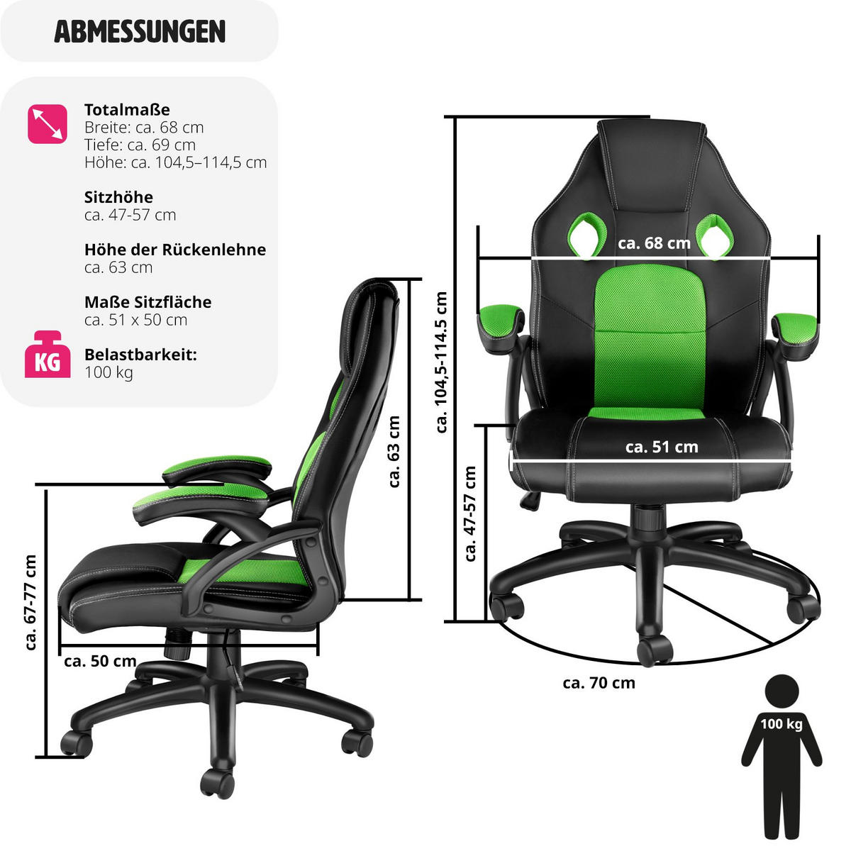 BÜROSTUHL Mike,stufenlos höhenverstellbar,schwarz/grün - Schwarz/Grün, Leder (68/114.5/69cm) - tectake