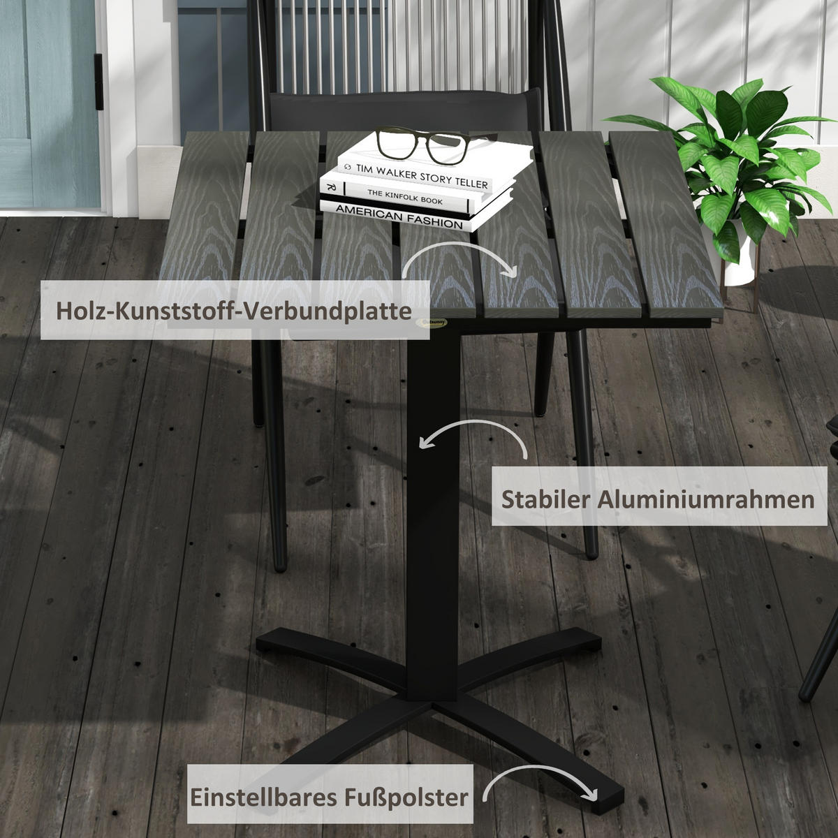 GARTENTISCH, Esstisch für 4 Personen, mit Holzoptik für Terrasse, Alu, Grau - Grau, Metall (70/70/76cm) - Outsunny