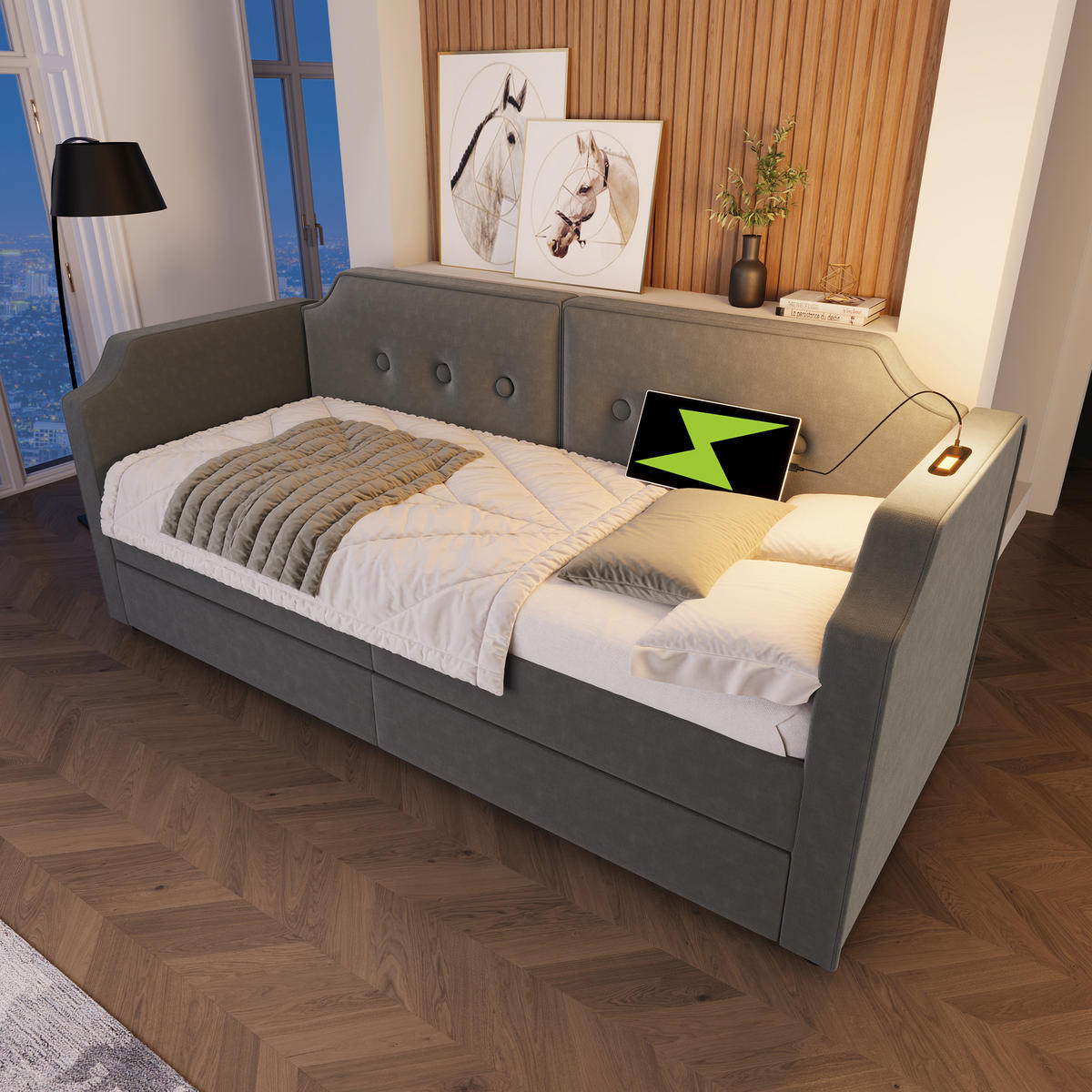 POLSTERBETT 90/200 cm Grau mit USB-Type-C und Leselicht, Tagesbett mit 2 Stauraumschubladen - Grau, Textil (90/200cm) - OKWISH