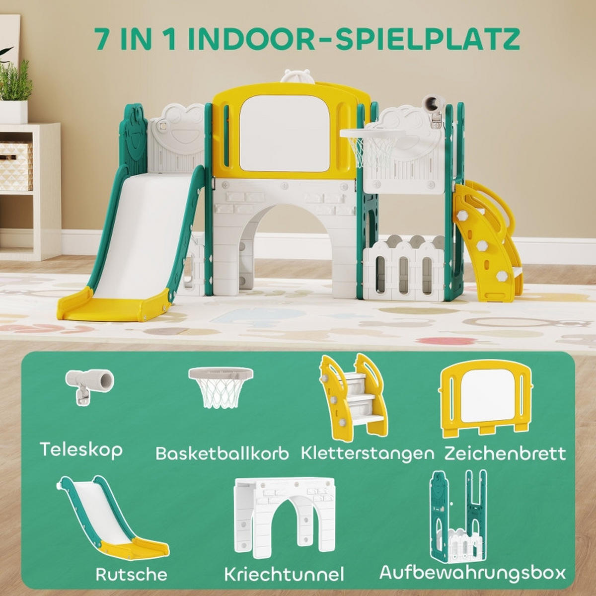 KINDERRUTSCHE 7-in-1 mit Schaukel und Basketballkorb Gelb/Grün - Gelb, Kunststoff (150/94/176cm) - Korfee